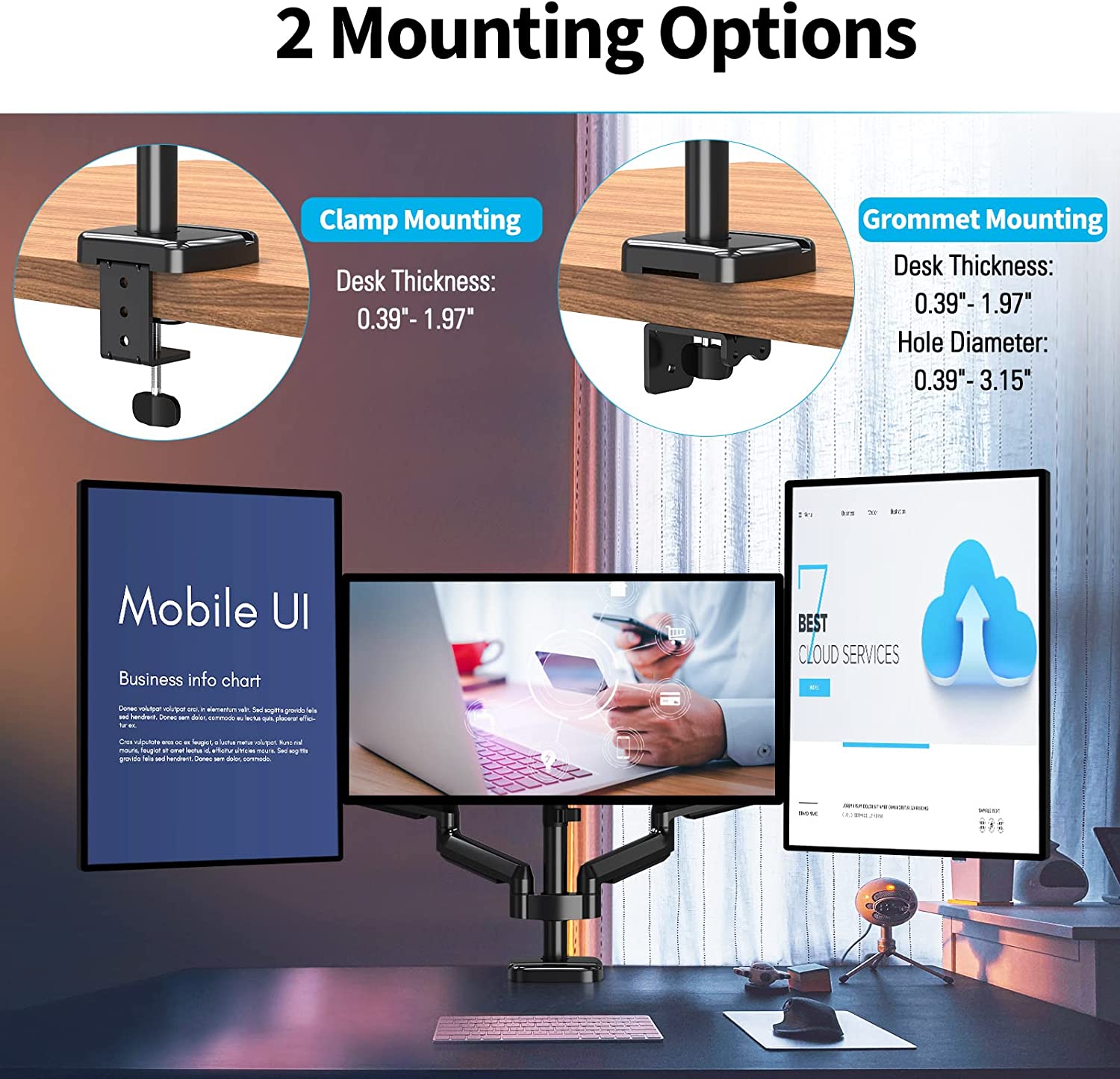 2 mounting options to install this 3 monitor stand