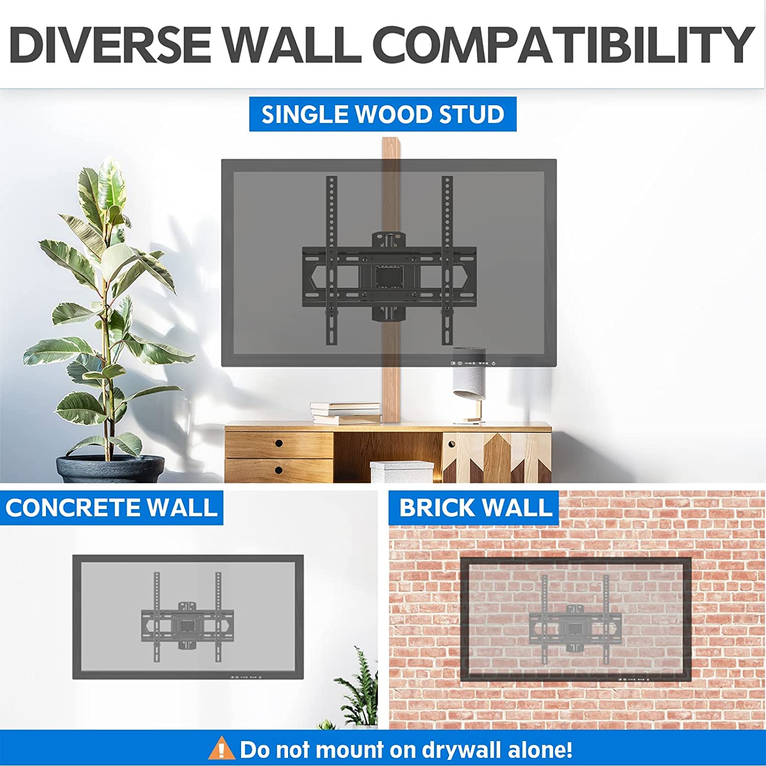 installs on single wood stud or concrete/brick wall