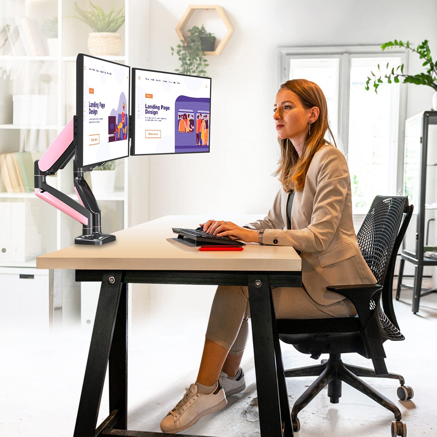 pink dual monitor desk mount for office desk