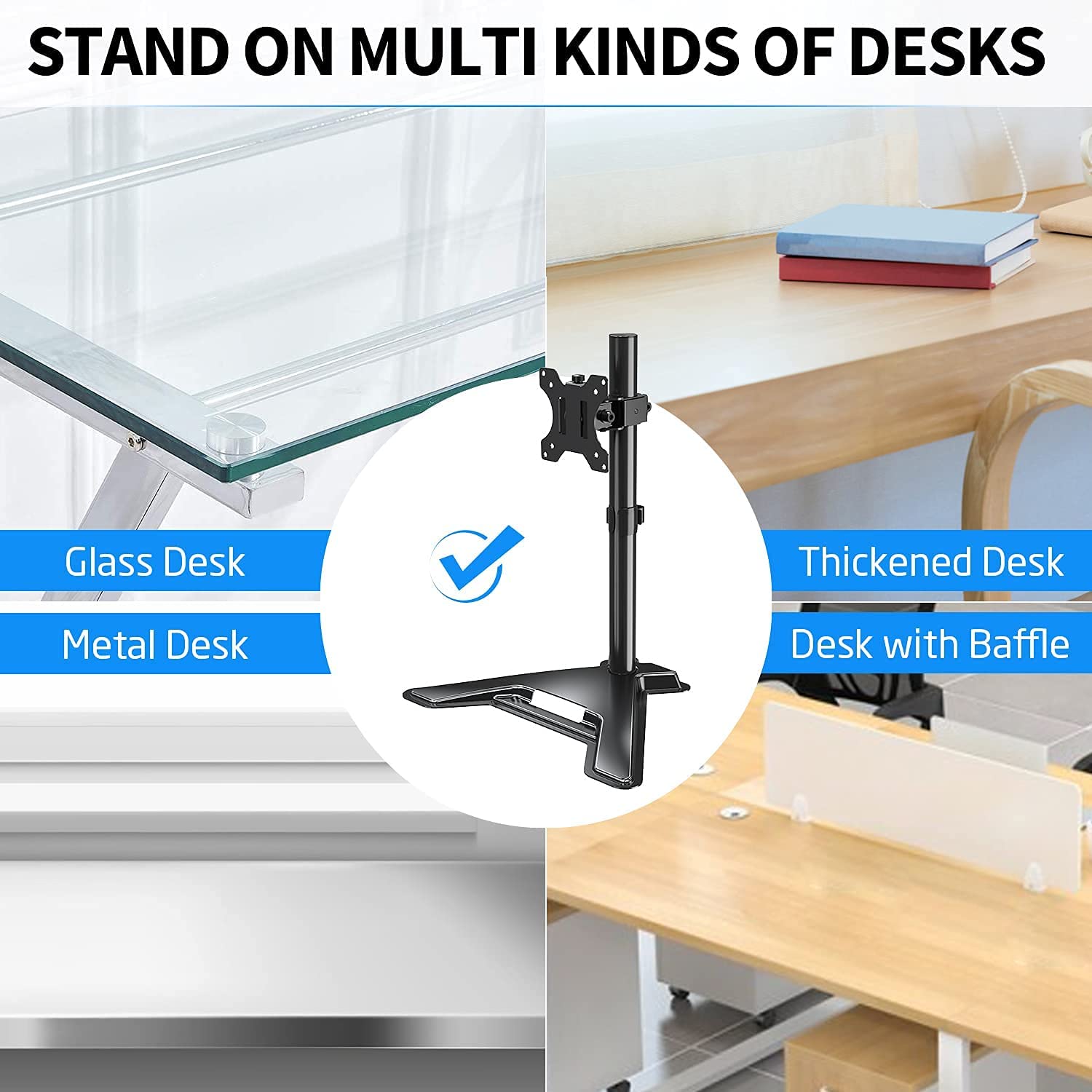 freestanding single monitor stand stands on different kinds of desks