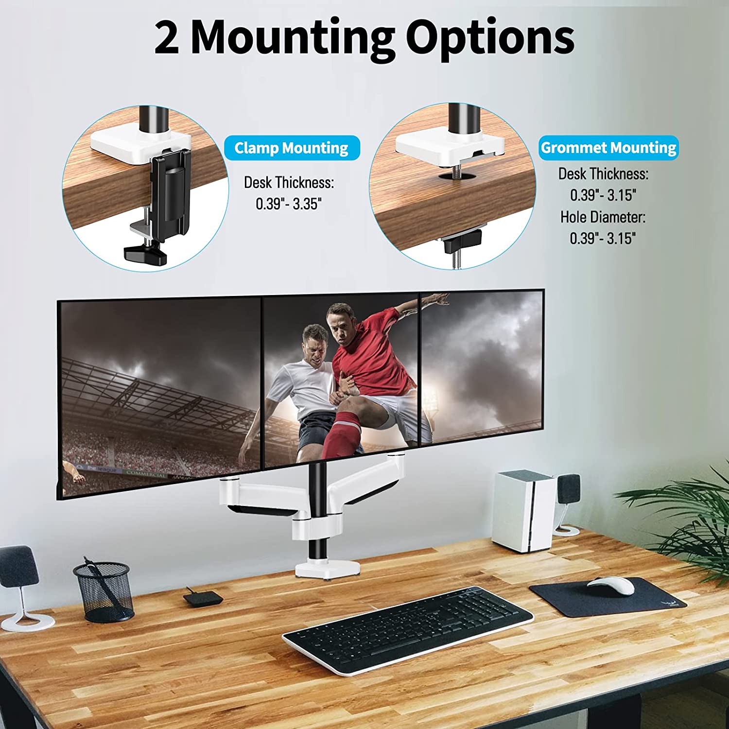 MOUNTUP Soporte para monitor triple, brazo de escritorio de 3 monitores  para pantallas de computadora de máximo 32 pulgadas, extensión máxima de  64.5