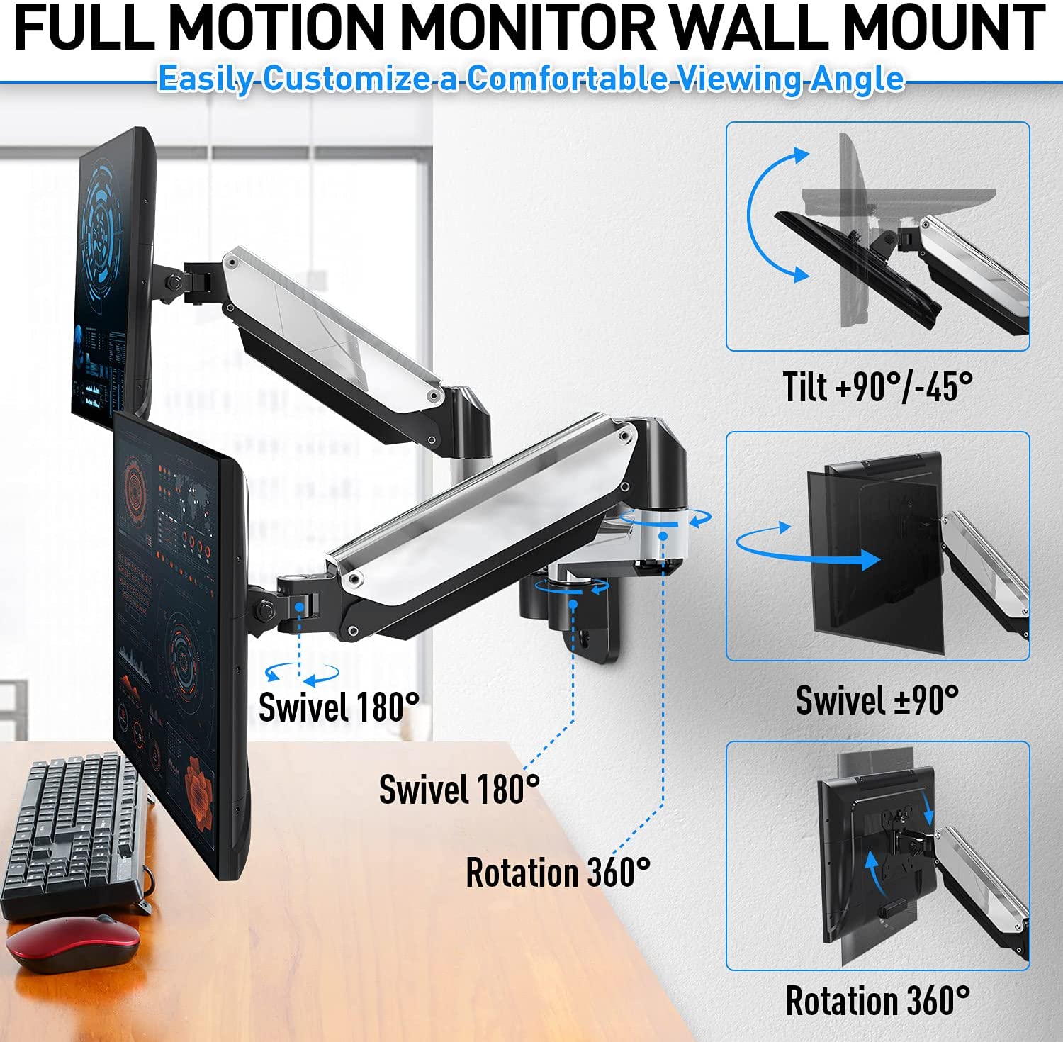 swivel, tiltable, and rotataing dual monitor wall mount