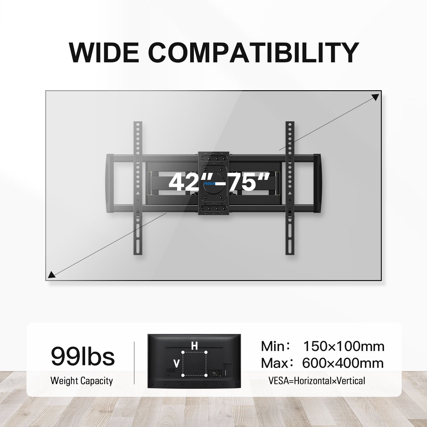 Full Motion TV Wall Mount for 42''-75'' TVs up to 16'' Wood Stud MP0054