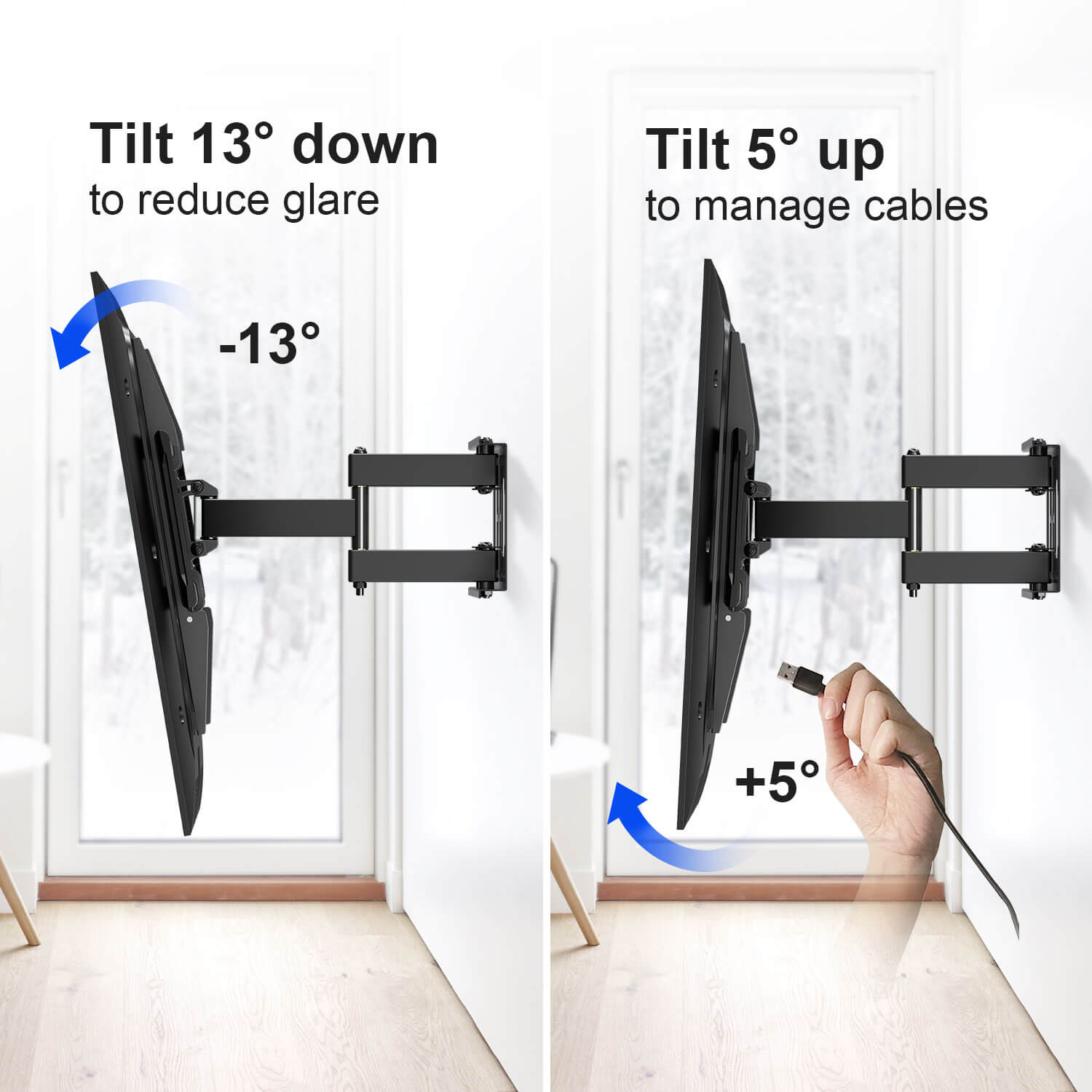 full motion TV wall mount tilts for comfortable viewing