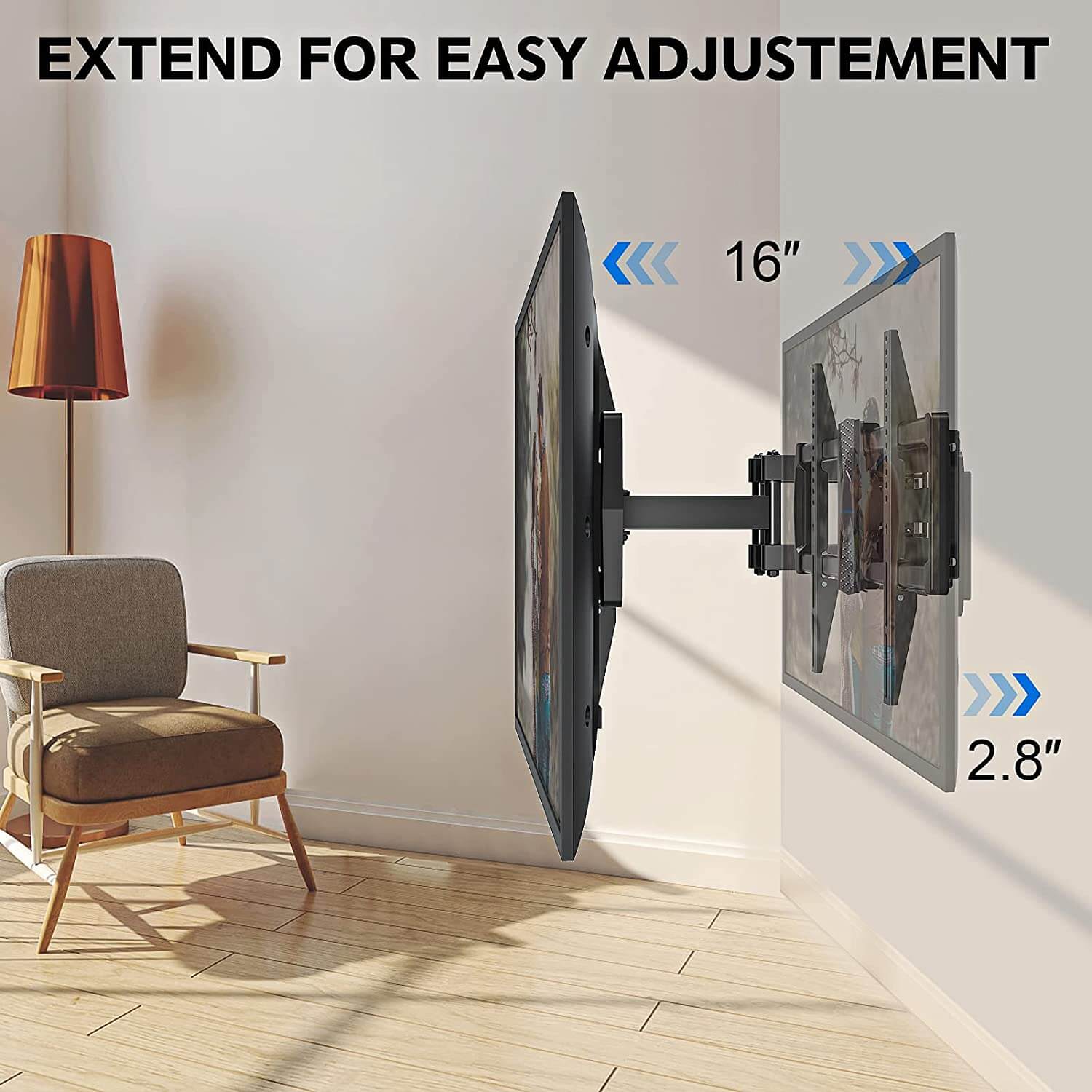 articulating TV mount with 16'' extension and 2.8'' low profile