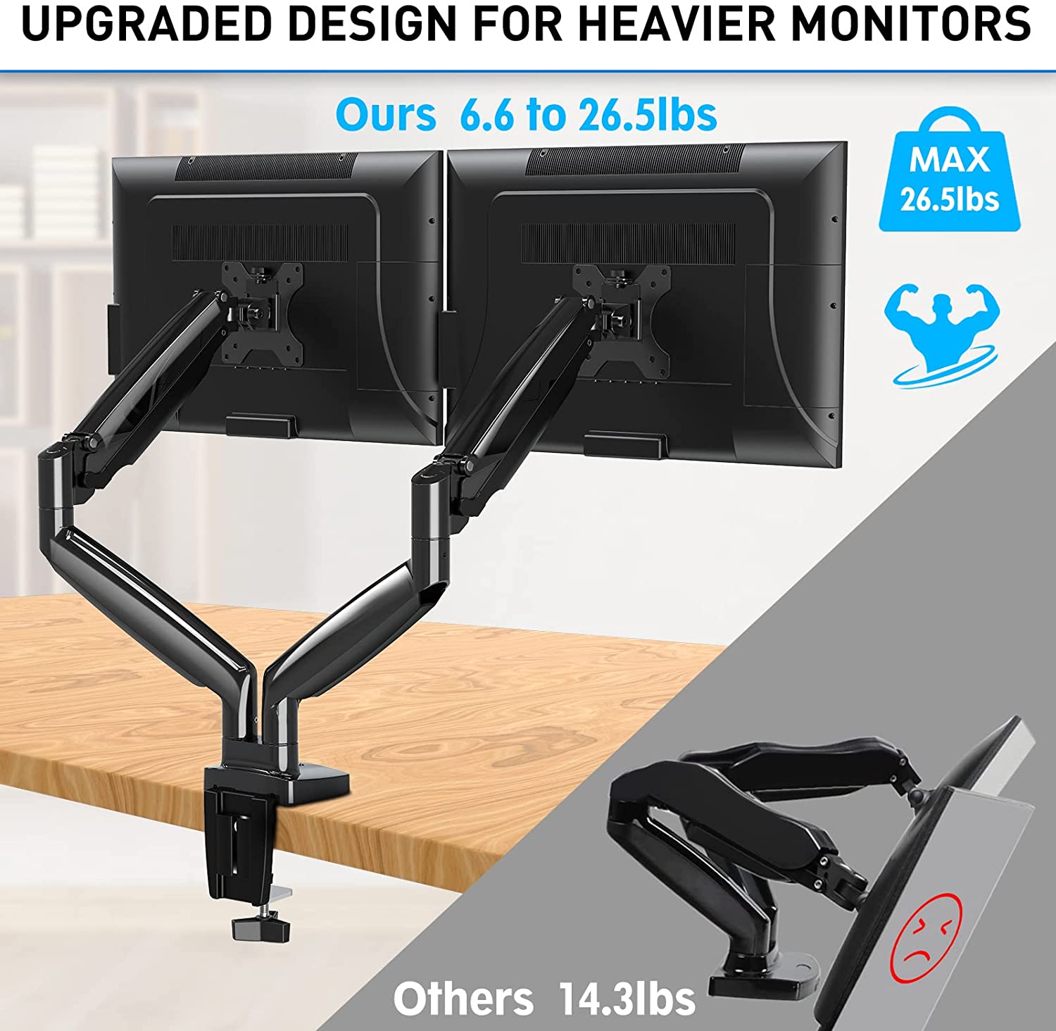 heavy duty monitor desk mount loads up to 26.5 lbs.