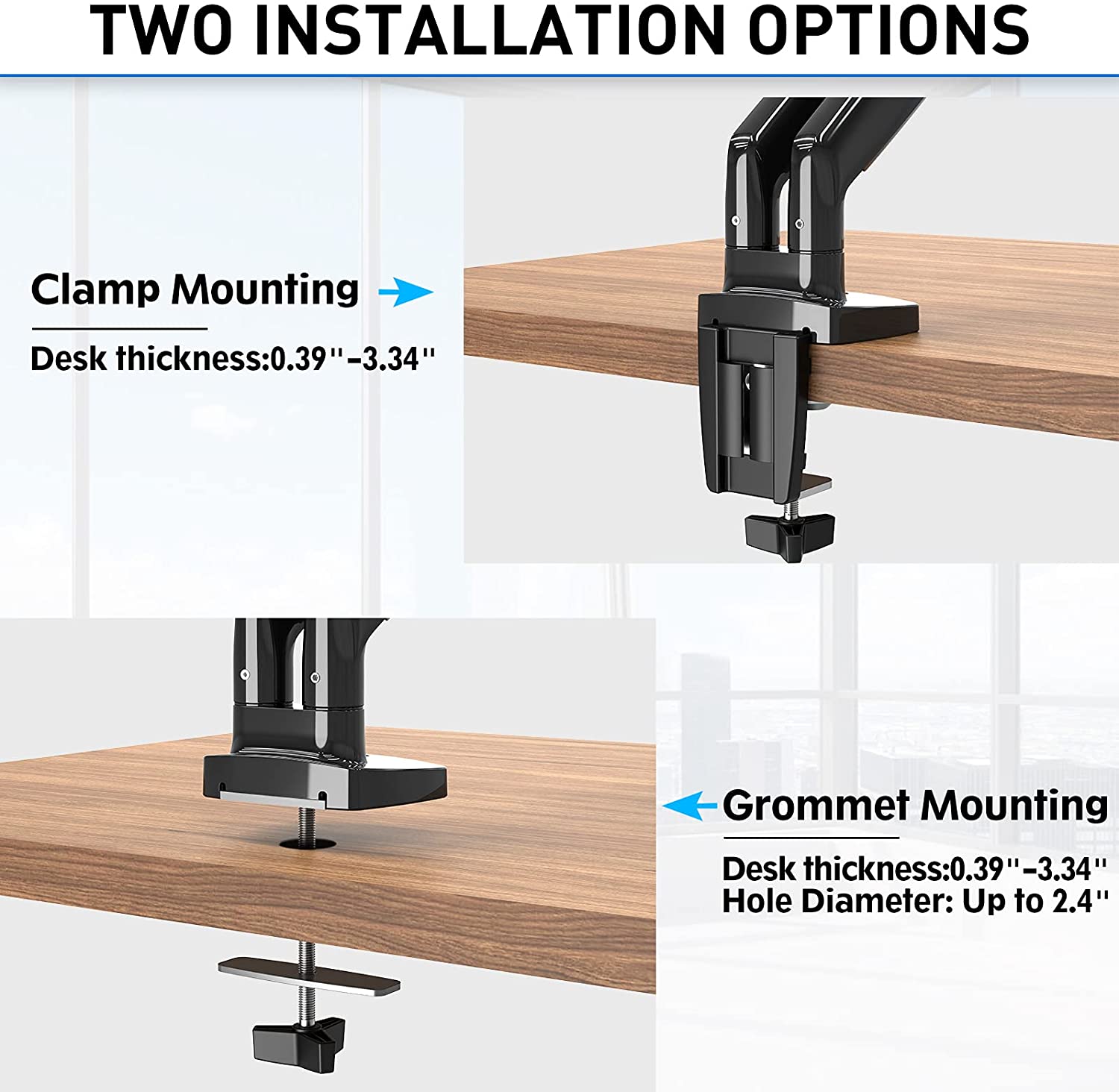 dual monitor mount offers clamp mounting and grommet mounting