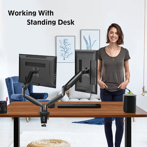 Dual monitor mount works with a standing desk for home office