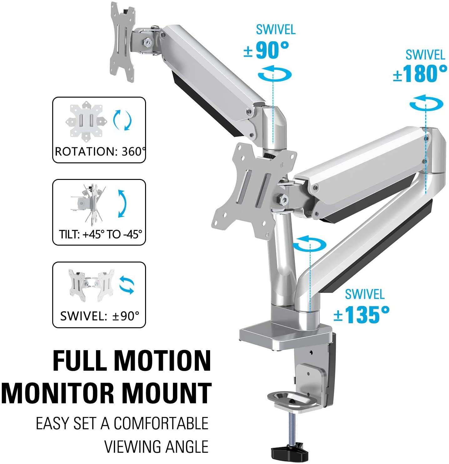 MOUNTUP Dual Monitor Desk Mount, Die-Cast Aluminum Fully Adjustable Double Monitor Arm with Gas Spring, Computer Monitor Stand Fits 2 Screen 17 to 32